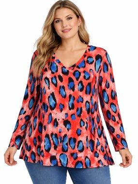 Plus Size 2X Animal Print Tunic Top Coral Blue Long Sleeve Flowy